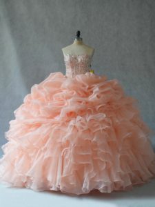 Eye-catching Peach Strapless Lace Up Beading and Ruffles Quince Ball Gowns Sleeveless