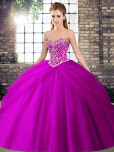 Sweetheart Sleeveless Brush Train Lace Up Quinceanera Gown Fuchsia Tulle