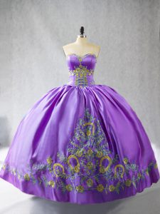 Popular Sleeveless Satin Floor Length Lace Up Ball Gown Prom Dress in Lavender with Embroidery