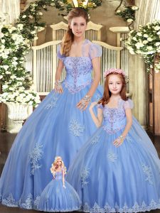 Enchanting Tulle Strapless Sleeveless Lace Up Beading and Appliques Sweet 16 Dress in Light Blue