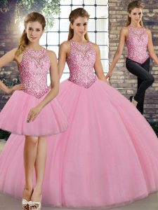 Customized Pink Tulle Lace Up Scoop Sleeveless Floor Length Quince Ball Gowns Embroidery