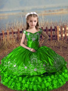 Gorgeous Green Ball Gowns Embroidery and Ruffled Layers Custom Made Pageant Dress Lace Up Satin and Organza Sleeveless Floor Length
