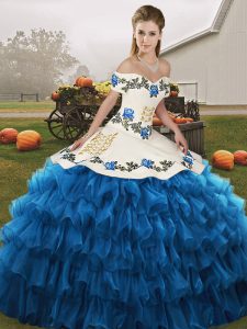 Organza Off The Shoulder Sleeveless Lace Up Embroidery and Ruffled Layers Ball Gown Prom Dress in Blue And White