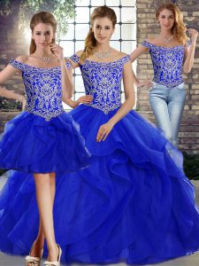 Great Beading and Ruffles Quinceanera Gown Royal Blue Lace Up Sleeveless Brush Train