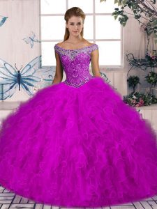 Fuchsia Lace Up Quince Ball Gowns Beading and Ruffles Sleeveless Brush Train