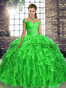 Brush Train Ball Gowns Ball Gown Prom Dress Green Off The Shoulder Organza Sleeveless Lace Up