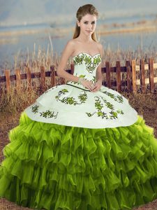 Sweetheart Sleeveless Lace Up Quince Ball Gowns Olive Green Organza