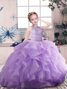 Sleeveless Floor Length Beading and Ruffles Zipper Little Girl Pageant Dress with Lavender