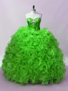 Fantastic Beading and Ruffles 15th Birthday Dress Green Lace Up Sleeveless Floor Length
