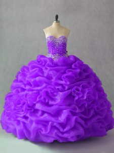 Simple Floor Length Lace Up Quinceanera Gowns Purple for Sweet 16 and Quinceanera with Beading and Pick Ups and Hand Made Flower