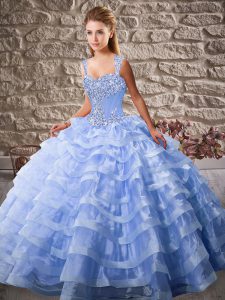 Pretty Sleeveless Court Train Lace Up Beading and Ruffled Layers Sweet 16 Dresses