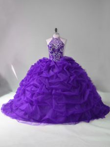Purple Quinceanera Dress Sweet 16 and Quinceanera with Beading and Pick Ups Strapless Sleeveless Court Train Lace Up