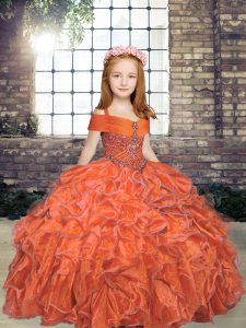Orange Organza Lace Up Pageant Dresses Sleeveless Floor Length Beading