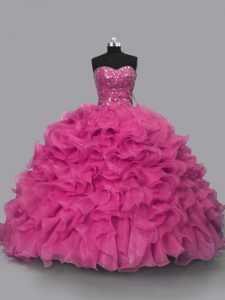 Dramatic Hot Pink Ball Gowns Beading Sweet 16 Quinceanera Dress Lace Up Organza Sleeveless Floor Length