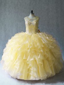 Fine Yellow Lace Up 15th Birthday Dress Beading and Ruffles Sleeveless Floor Length