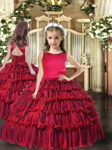 Fashion Ball Gowns Kids Formal Wear Red Scoop Sleeveless Floor Length Lace Up