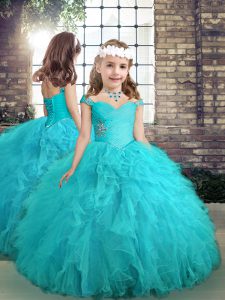 Aqua Blue Ball Gowns Beading and Ruffles Child Pageant Dress Lace Up Tulle Sleeveless Floor Length