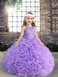 Lavender Ball Gowns Beading and Ruching Little Girls Pageant Gowns Lace Up Fabric With Rolling Flowers Sleeveless Floor Length
