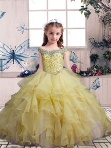 Off The Shoulder Sleeveless Organza Child Pageant Dress Beading and Ruffles Lace Up