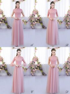 Best Pink Tulle Zipper Dama Dress Cap Sleeves Floor Length Lace