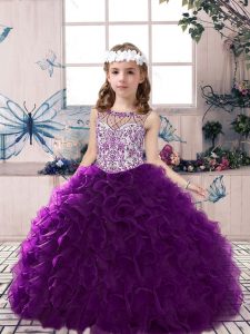 Purple Ball Gowns Beading and Ruffles Pageant Dress Toddler Lace Up Organza Sleeveless Floor Length