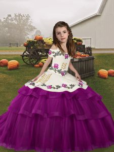 Dazzling Sleeveless Tulle Floor Length Lace Up Winning Pageant Gowns in Purple with Embroidery and Ruffled Layers