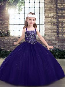 Straps Sleeveless Child Pageant Dress Floor Length Beading Purple Tulle