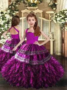 Latest Purple Little Girls Pageant Dress Party and Sweet 16 and Wedding Party with Appliques and Ruffles Straps Sleeveless Lace Up