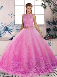 Flare Rose Pink Backless Quince Ball Gowns Lace Sleeveless Sweep Train