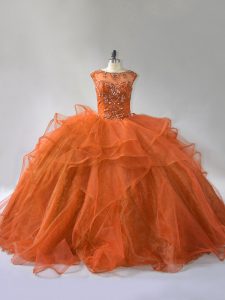 Rust Red Ball Gowns Organza Scoop Sleeveless Ruffles Lace Up Sweet 16 Quinceanera Dress Brush Train