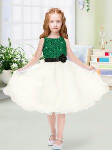 Knee Length Champagne High School Pageant Dress Organza Sleeveless Sequins and Hand Made Flower