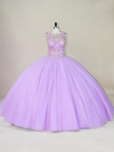 Fine Sleeveless Tulle Floor Length Lace Up Quinceanera Dresses in Lavender with Beading