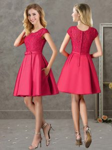 Admirable Red A-line Scoop Short Sleeves Satin Mini Length Zipper Lace Quinceanera Court of Honor Dress