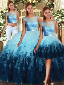 Sumptuous Tulle Scoop Sleeveless Lace Up Lace and Ruffles Quinceanera Dress in Multi-color
