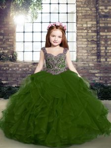 Enchanting Olive Green Side Zipper Straps Beading and Ruffles Kids Pageant Dress Tulle Sleeveless