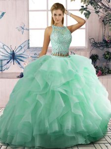 Custom Fit Sleeveless Tulle Floor Length Lace Up Ball Gown Prom Dress in Apple Green with Beading and Ruffles