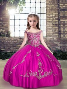 Floor Length Ball Gowns Sleeveless Fuchsia Girls Pageant Dresses Lace Up
