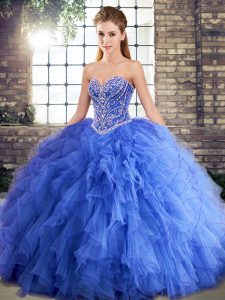 Blue Sweetheart Neckline Beading and Ruffles Sweet 16 Quinceanera Dress Sleeveless Lace Up