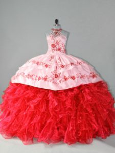 Designer Red 15th Birthday Dress Organza Court Train Sleeveless Embroidery and Ruffles