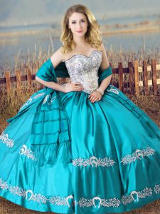 Aqua Blue Ball Gowns Sweetheart Sleeveless Satin Floor Length Lace Up Beading and Embroidery 15 Quinceanera Dress