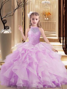 Lilac Ball Gowns Beading Little Girl Pageant Gowns Lace Up Tulle Sleeveless Floor Length