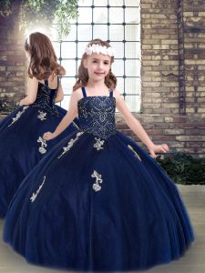 Straps Sleeveless Little Girl Pageant Gowns Floor Length Beading and Appliques Navy Blue Tulle