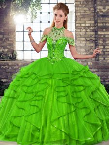 Attractive Green Sleeveless Tulle Lace Up Quinceanera Dresses for Military Ball and Sweet 16 and Quinceanera