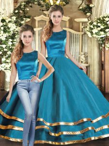 Teal Sleeveless Ruffled Layers Floor Length Quince Ball Gowns