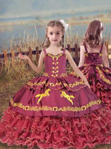Sleeveless Organza Floor Length Lace Up Kids Formal Wear in Wine Red with Beading and Embroidery and Ruffled Layers