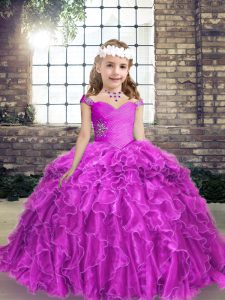 Fuchsia Straps Neckline Beading and Ruffles Kids Formal Wear Sleeveless Lace Up
