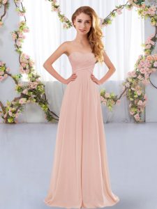 Pink Chiffon Lace Up Sweetheart Sleeveless Floor Length Vestidos de Damas Ruching