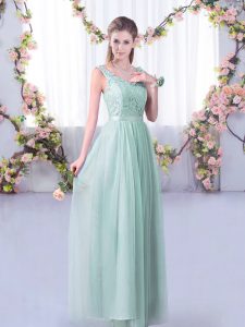 Lace and Belt Dama Dress for Quinceanera Light Blue Side Zipper Sleeveless Floor Length