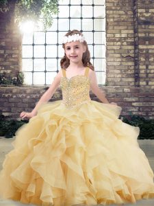Perfect Floor Length Lace Up Kids Formal Wear Gold for Party and Wedding Party with Beading and Ruffles
