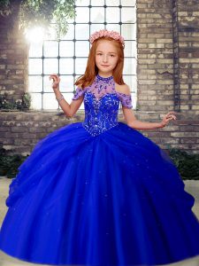 Amazing Royal Blue Halter Top Lace Up Beading Pageant Gowns For Girls Sleeveless